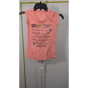 Justice Girls Coral Pink Stuff‎ I Love Graphic Tee Shirt Cap Sleeve Size 7